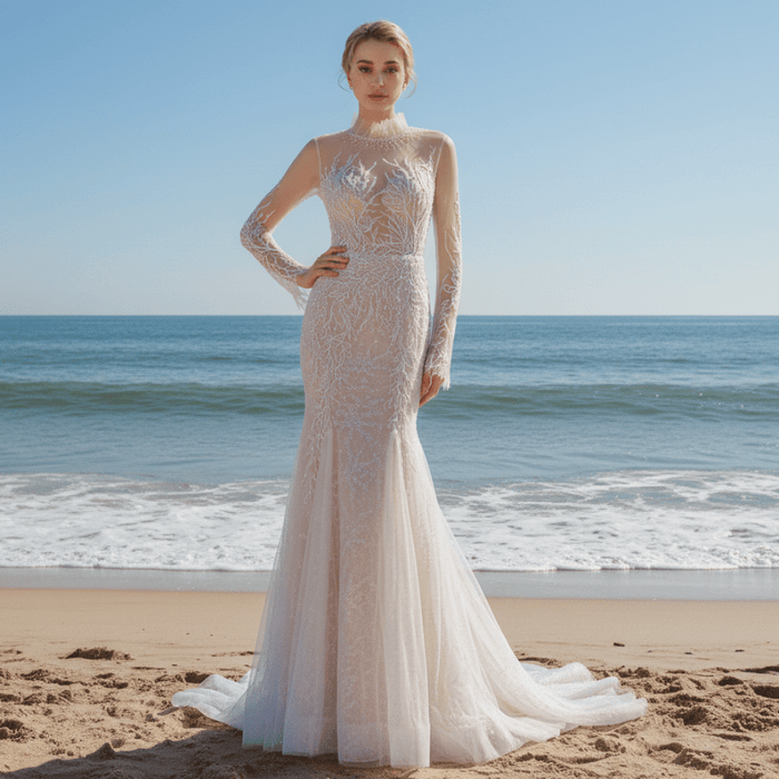 Mermaid Lace Wedding Dresses with High Neck Long Sleeves - Rosymae