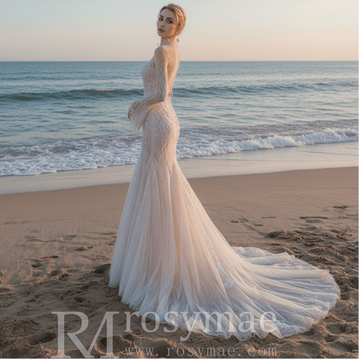 Mermaid Lace Wedding Dresses with High Neck Long Sleeves - Rosymae
