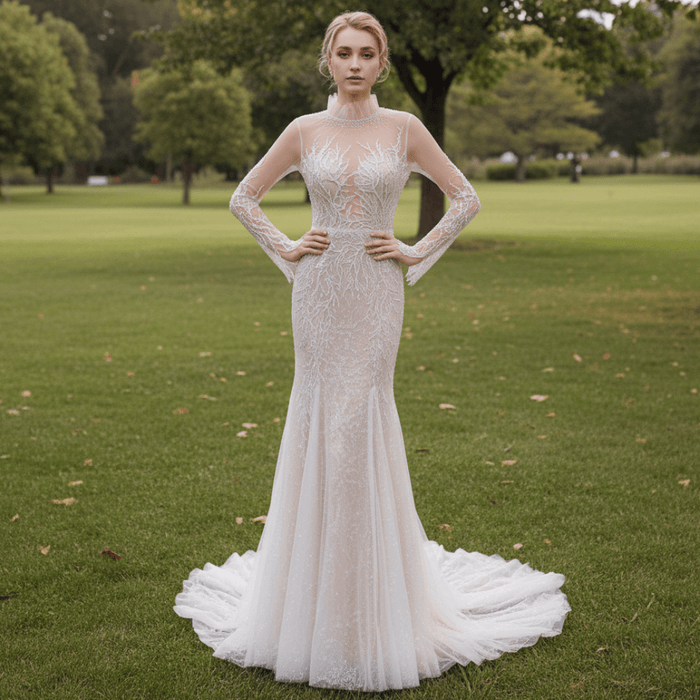 Mermaid Lace Wedding Dresses with High Neck Long Sleeves - Rosymae