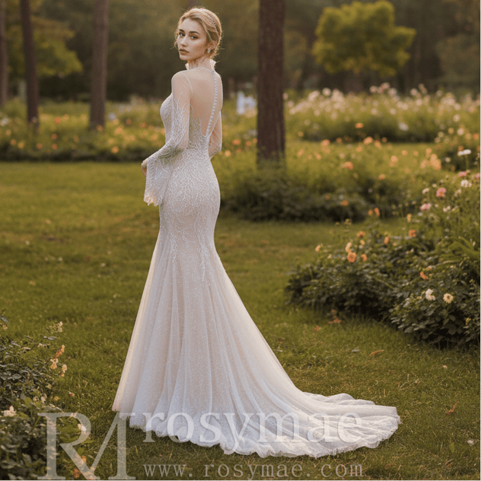 Mermaid Lace Wedding Dresses with High Neck Long Sleeves - Rosymae