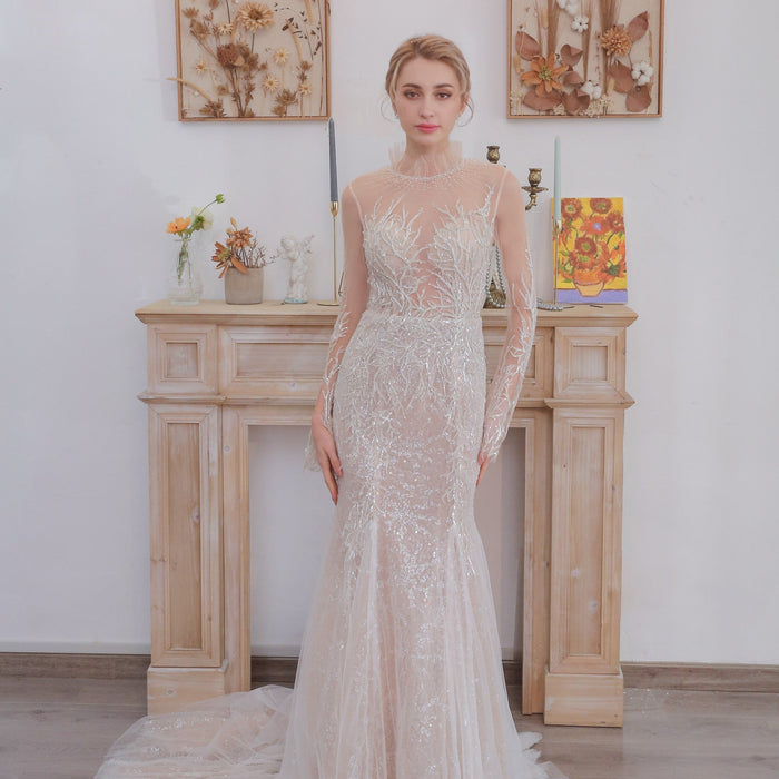 Mermaid Lace Wedding Dresses with High Neck Long Sleeves - Rosymae
