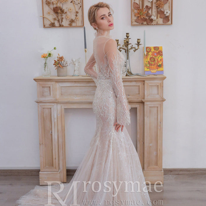 Mermaid Lace Wedding Dresses with High Neck Long Sleeves - Rosymae