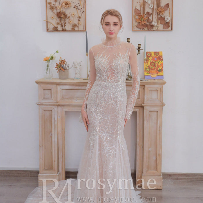 Mermaid Lace Wedding Dresses with High Neck Long Sleeves - Rosymae