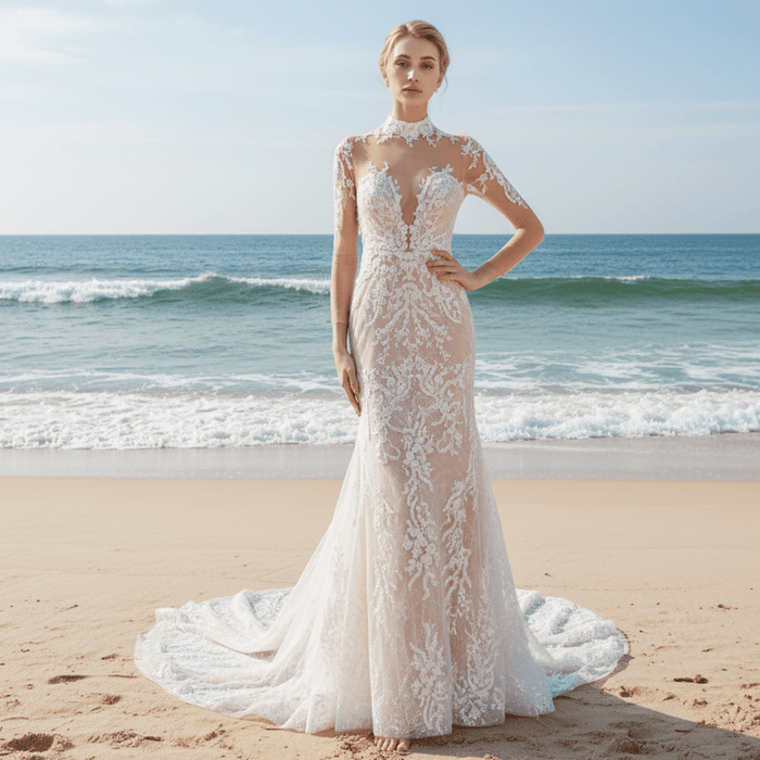 Mermaid Mesh Bodice Chapel Train Tulle Lace Wedding Dress - Rosymae