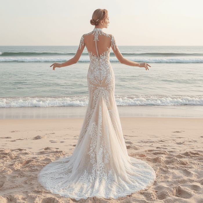 Mermaid Mesh Bodice Chapel Train Tulle Lace Wedding Dress - Rosymae