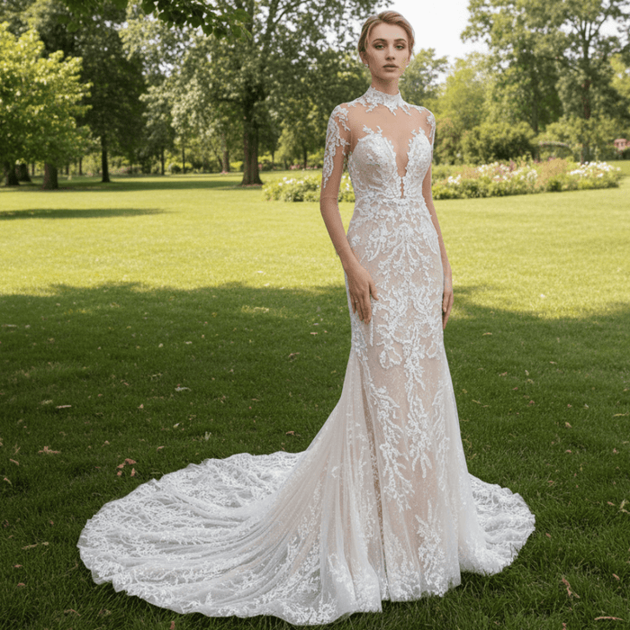 Mermaid Mesh Bodice Chapel Train Tulle Lace Wedding Dress - Rosymae