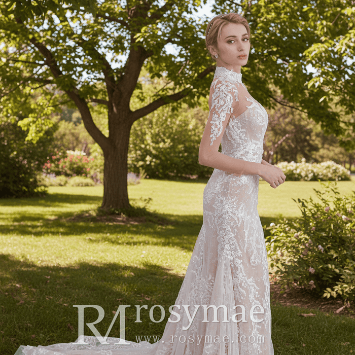Mermaid Mesh Bodice Chapel Train Tulle Lace Wedding Dress - Rosymae