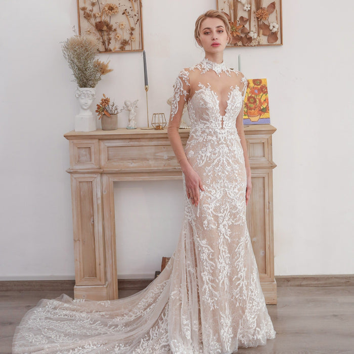 Mermaid Mesh Bodice Chapel Train Tulle Lace Wedding Dress - Rosymae