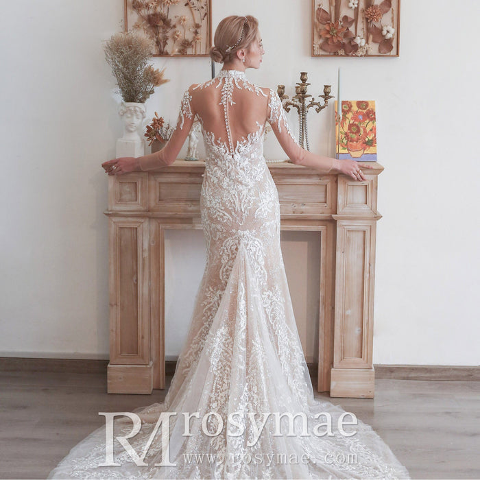 Mermaid Mesh Bodice Chapel Train Tulle Lace Wedding Dress - Rosymae