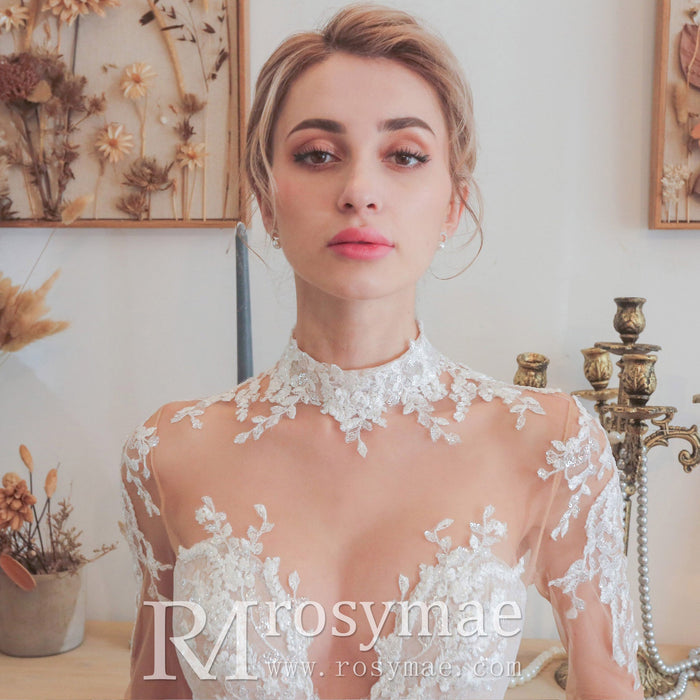 Mermaid Mesh Bodice Chapel Train Tulle Lace Wedding Dress - Rosymae