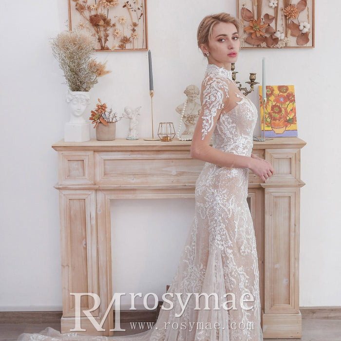 Mermaid Mesh Bodice Chapel Train Tulle Lace Wedding Dress - Rosymae