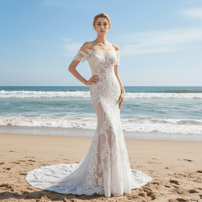 Mermaid Off The Shoulder Lace Wedding Dresses with Court Train - Rosymae