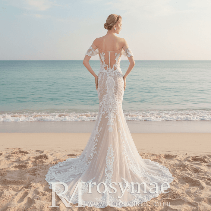 Mermaid Off The Shoulder Lace Wedding Dresses with Court Train - Rosymae
