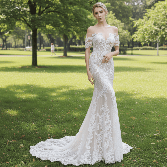Mermaid Off The Shoulder Lace Wedding Dresses with Court Train - Rosymae