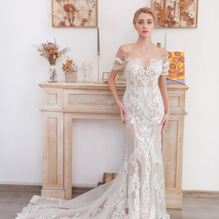 Mermaid Off The Shoulder Lace Wedding Dresses with Court Train - Rosymae