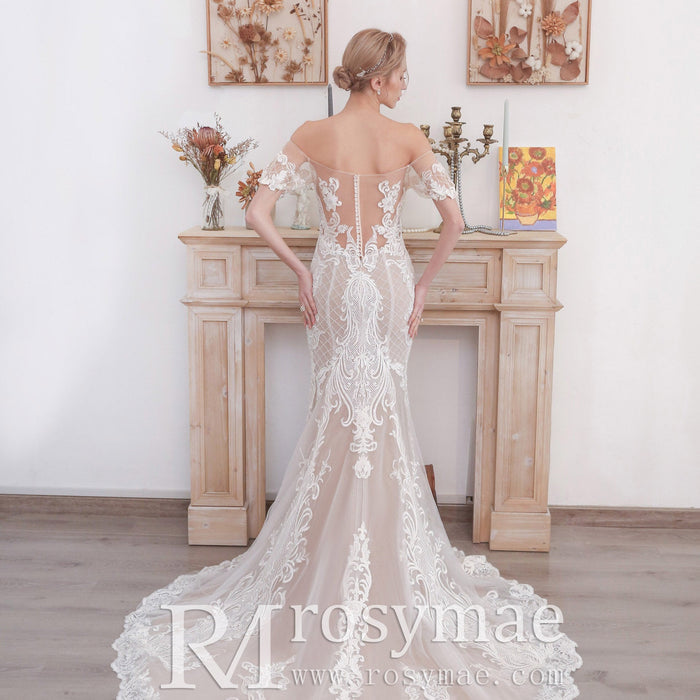 Mermaid Off The Shoulder Lace Wedding Dresses with Court Train - Rosymae