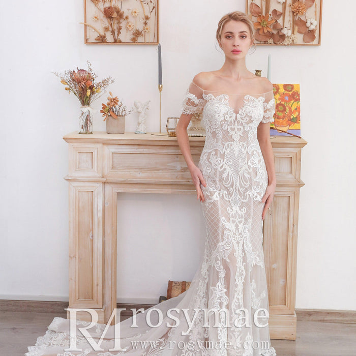 Mermaid Off The Shoulder Lace Wedding Dresses with Court Train - Rosymae