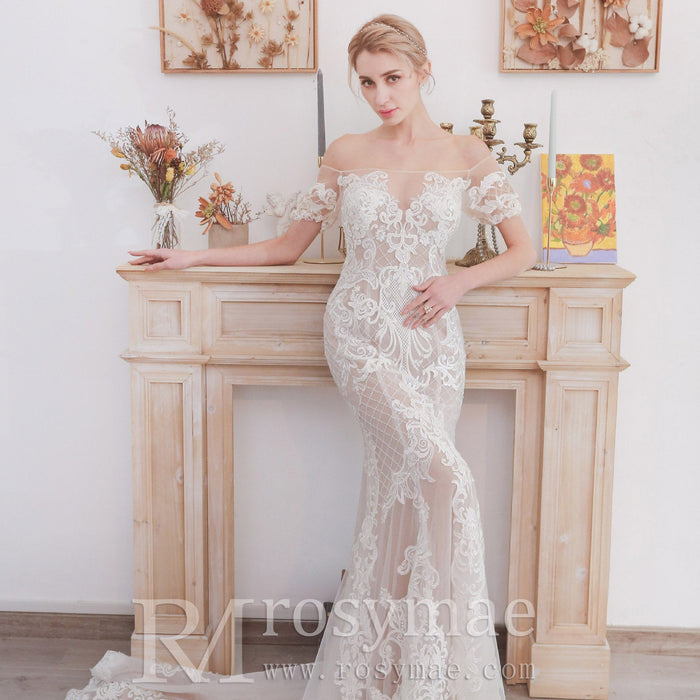 Mermaid Off The Shoulder Lace Wedding Dresses with Court Train - Rosymae