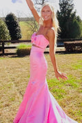 Mermaid Pink Strapless Bow Sleeveless Satin Pleats Prom Dress