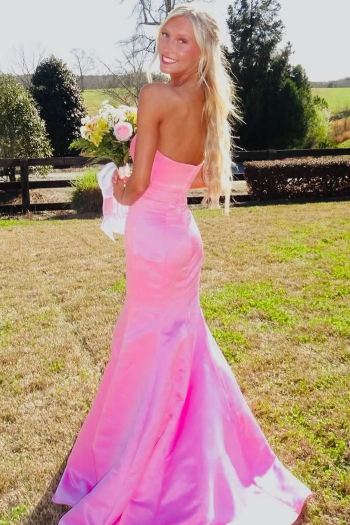 Mermaid Pink Strapless Bow Sleeveless Satin Pleats Prom Dress