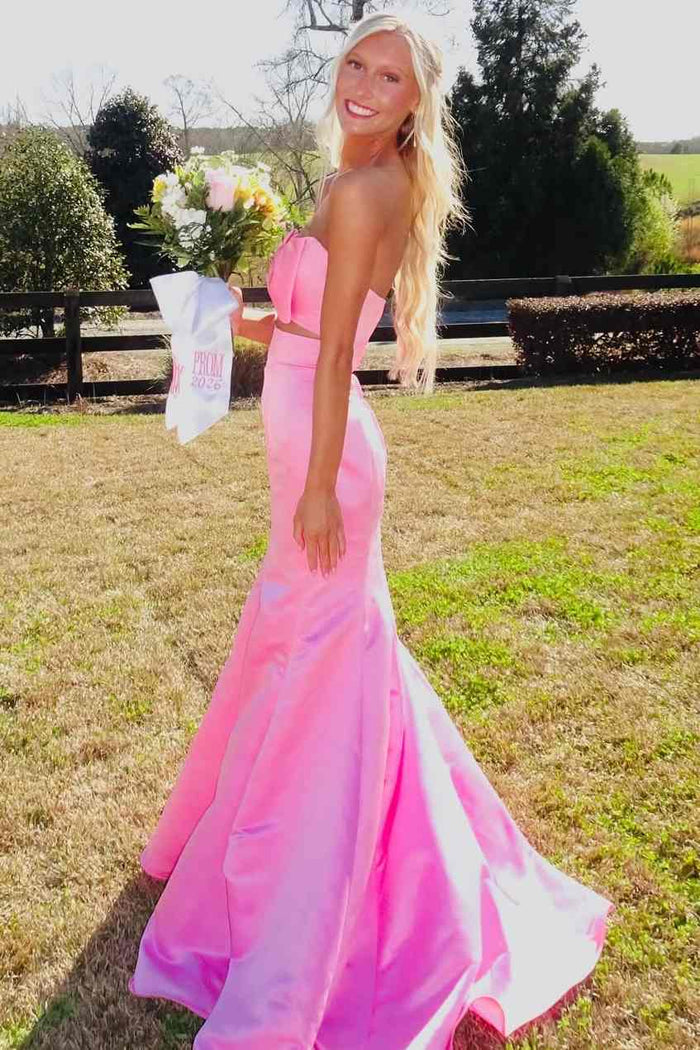Mermaid Pink Strapless Bow Sleeveless Satin Pleats Prom Dress