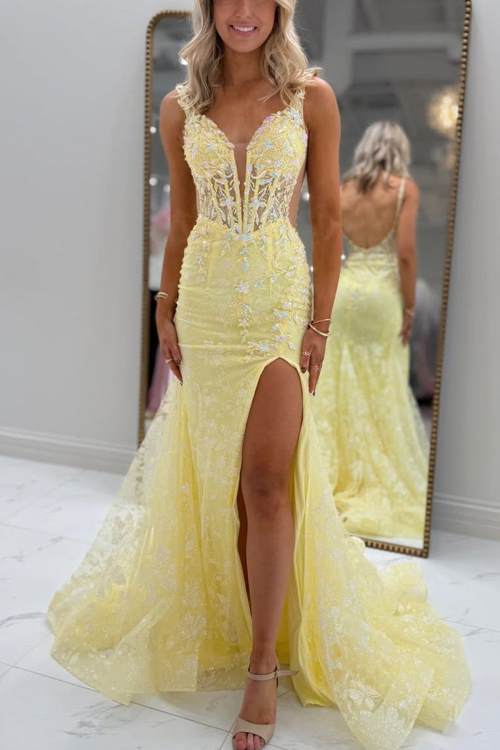 Mermaid Straps Deep V-Neck Lace Appliques High Slit Prom Dress with Train