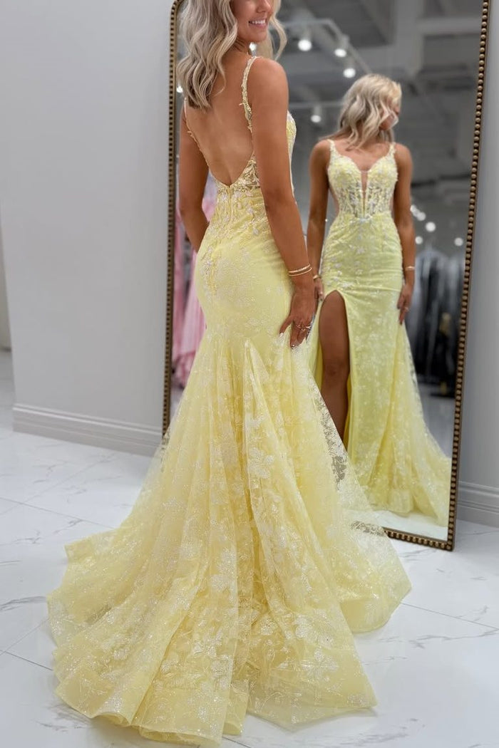 Mermaid Straps Deep V-Neck Lace Appliques High Slit Prom Dress with Train