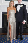 Metallic Strapless Pleated Scoop Neck Long Formal Prom Dress with Slit
