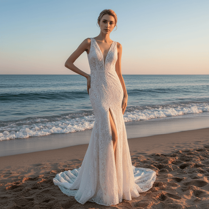 Middle Split Wedding Gown Dress with Illusion Deep V Neck - Rosymae