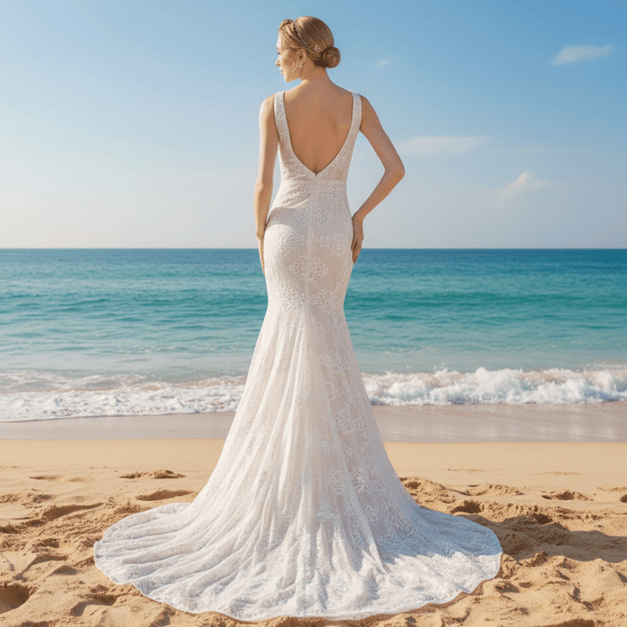 Middle Split Wedding Gown Dress with Illusion Deep V Neck - Rosymae