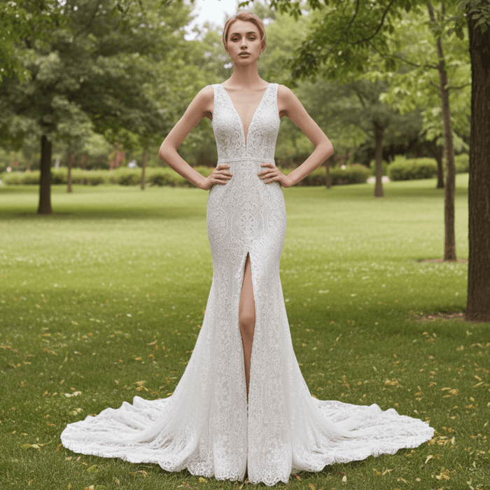 Middle Split Wedding Gown Dress with Illusion Deep V Neck - Rosymae