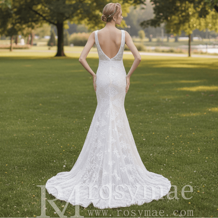 Middle Split Wedding Gown Dress with Illusion Deep V Neck - Rosymae