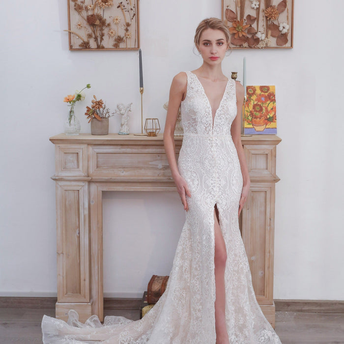 Middle Split Wedding Gown Dress with Illusion Deep V Neck - Rosymae