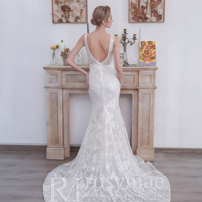 Middle Split Wedding Gown Dress with Illusion Deep V Neck - Rosymae