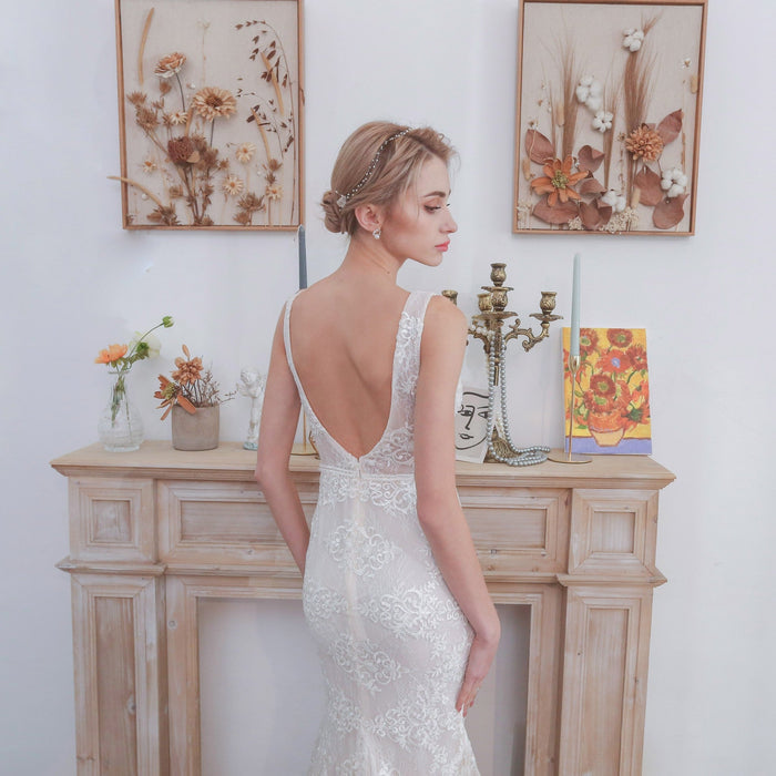 Middle Split Wedding Gown Dress with Illusion Deep V Neck - Rosymae