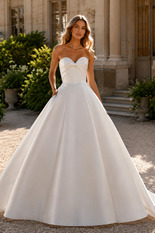 Minimalist Strapless Satin Ball Gown Wedding Dress with Sweetheart Neckline