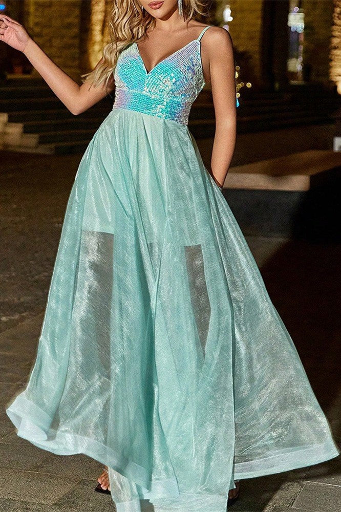 Mint Green V-Neck Sheer Maxi Dress
