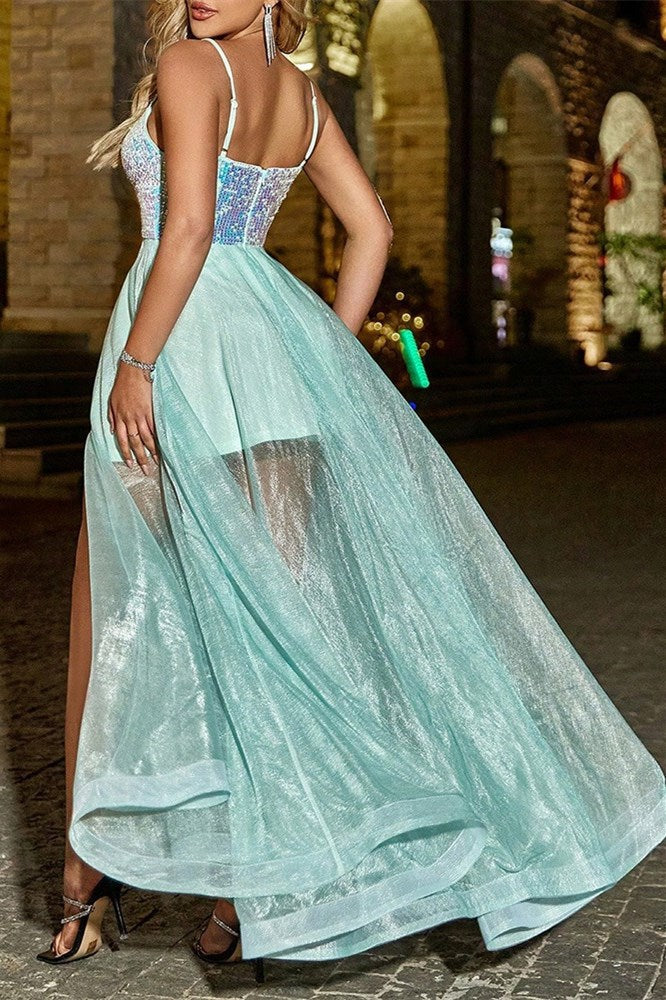 Mint Green V-Neck Sheer Maxi Dress