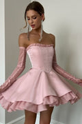 Modest Pink A-Line Strapless Empire-Waist Puffy Short Homecoming Party Dress