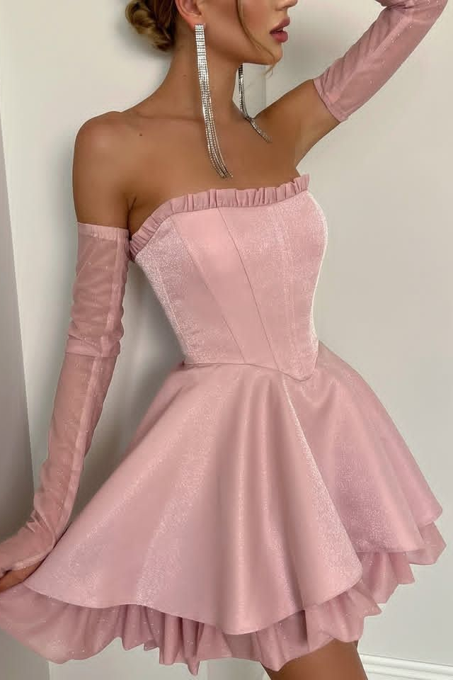 Modest Pink A-Line Strapless Empire-Waist Puffy Short Homecoming Party Dress