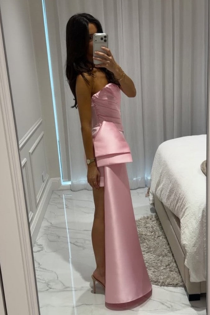 Modest Pink Strapless Pleats Ribbon Short Homecoming Cocktail Dress
