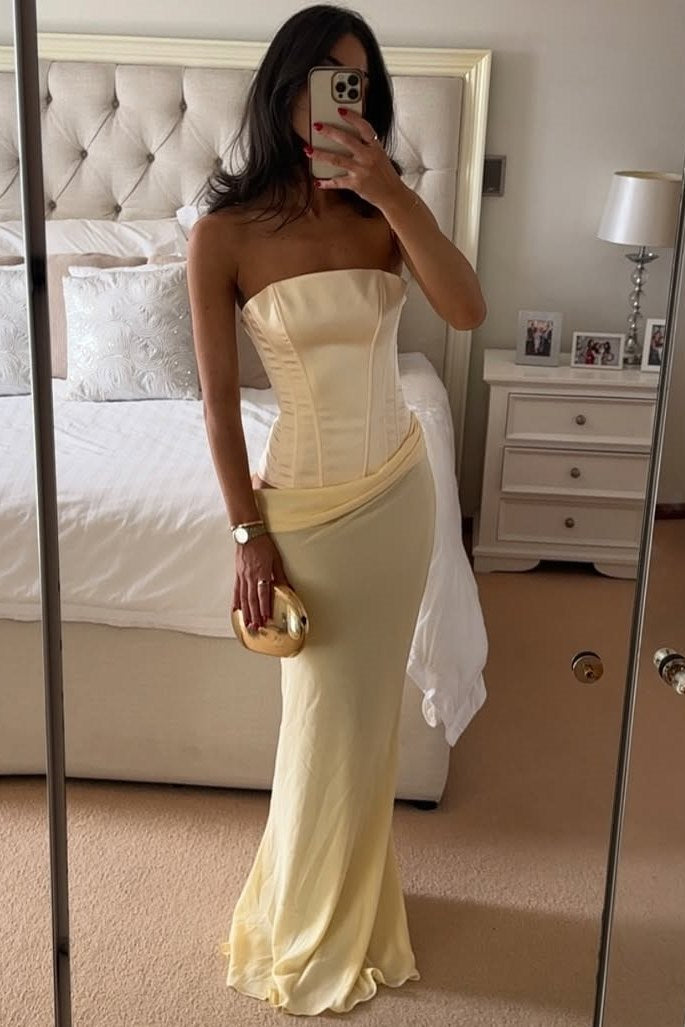 Modest Strapless Pleats Sleeveless Maxi Prom Party Dress