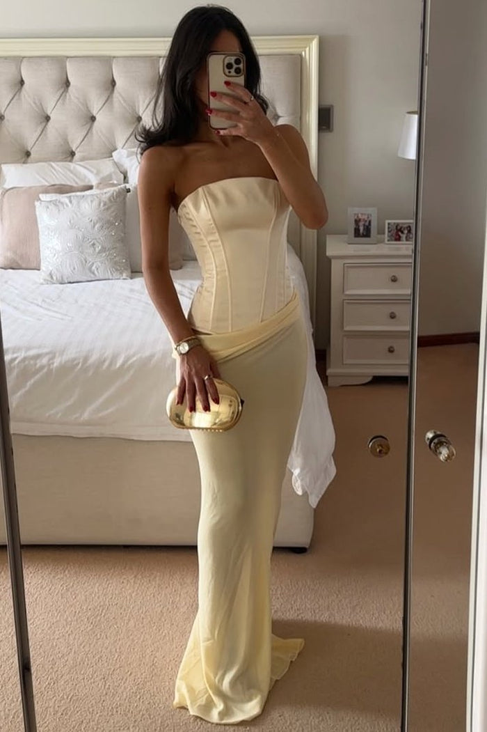 Modest Strapless Pleats Sleeveless Maxi Prom Party Dress
