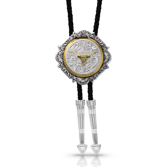 Montana Silversmiths Silver and Gold Engraved Button Bolo Tie
