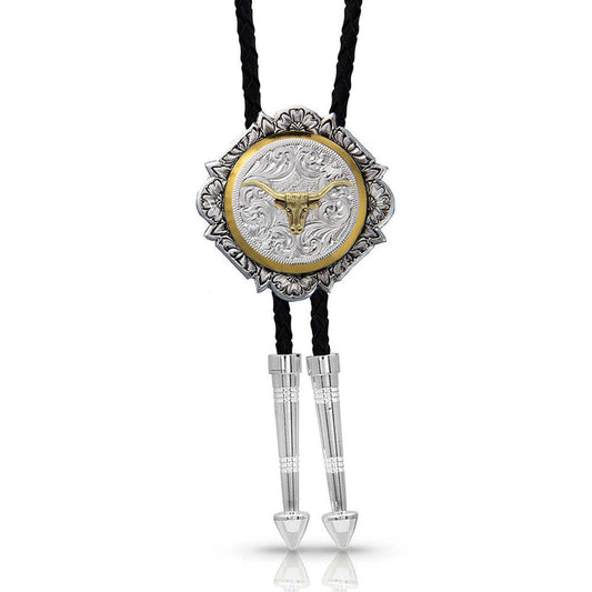 Montana Silversmiths Silver and Gold Engraved Button Bolo Tie