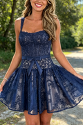 Navy Blue A-Line Straps Lace Appliques Empire-Waist Short Homecoming Dress