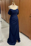 Navy Blue Cold-Shoulder Ruched Maxi Dress