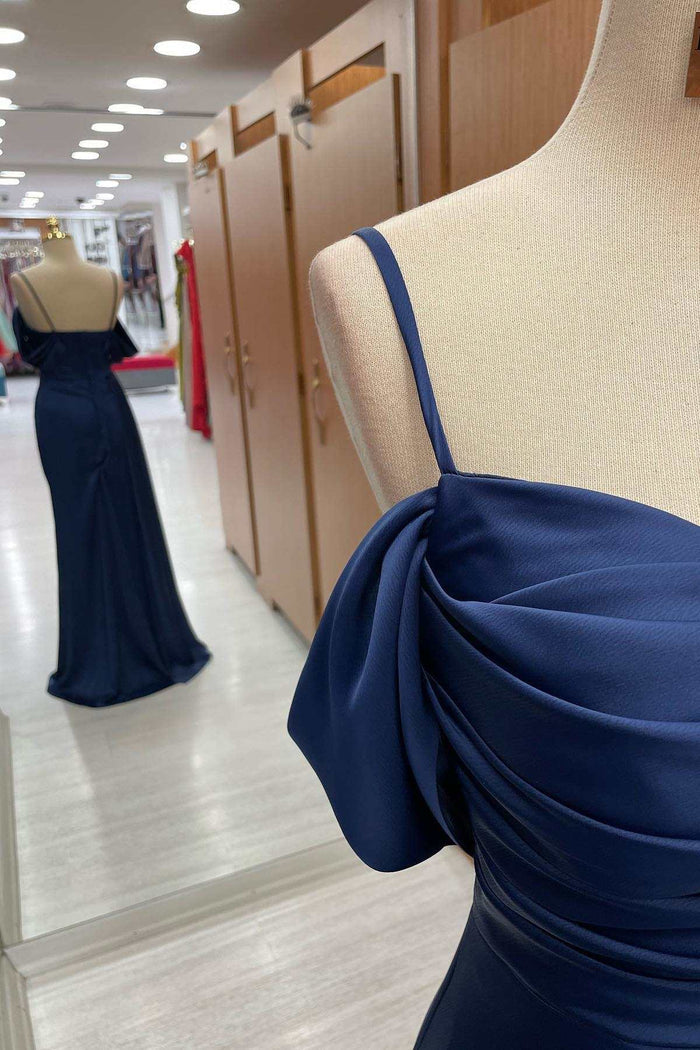 Navy Blue Cold-Shoulder Ruched Maxi Dress
