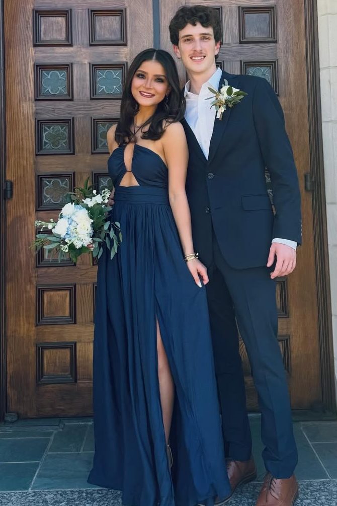 Navy Blue Halter Empire-Waist Sleeveless Pleats Long Prom Dress with Slit