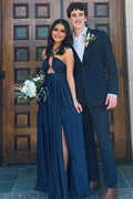 Navy Blue Halter Empire-Waist Sleeveless Pleats Long Prom Dress with Slit